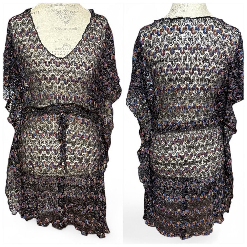 Time And Tru Missy Black Swim Coverup Red Blue Yellow Metallic Gold Threading M